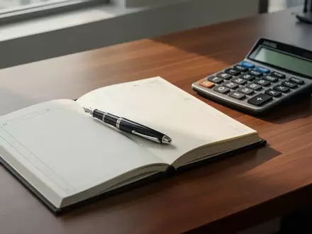 Ein minimalistischer Schreibtisch mit einem leeren Kassenbuch, einem hochwertigen Füllfederhalter und einem Taschenrechner. - Foto: über boerse-global.de