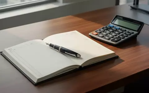 Ein minimalistischer Schreibtisch mit einem leeren Kassenbuch, einem hochwertigen Füllfederhalter und einem Taschenrechner. - Foto: über boerse-global.de