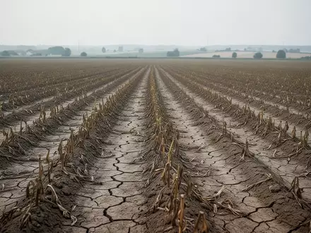 Ein ausgetrocknetes, rissiges Ackerfeld mit verdorrten Pflanzen unter einem bewölkten Himmel als Symbol für Klimaschäden. - Foto: über boerse-global.de