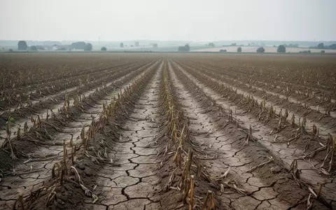 Ein ausgetrocknetes, rissiges Ackerfeld mit verdorrten Pflanzen unter einem bewölkten Himmel als Symbol für Klimaschäden. - Foto: über boerse-global.de