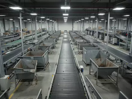 Leeres Logistikzentrum mit unbenutzten Förderbändern in einer Lagerhalle an einem Frachtflughafen. - Foto: über boerse-global.de