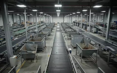 Leeres Logistikzentrum mit unbenutzten Förderbändern in einer Lagerhalle an einem Frachtflughafen. - Foto: über boerse-global.de