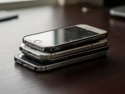 Ein Stapel veralteter Smartphones liegt auf einem dunklen Holztisch in einem Büro. - Foto: über boerse-global.de