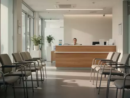 Moderner, leerer Wartebereich einer Hausarztpraxis mit minimalistischer Einrichtung und natürlichem Lichteinfall. - Foto: über boerse-global.de