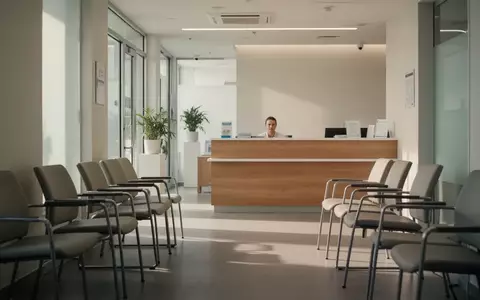 Moderner, leerer Wartebereich einer Hausarztpraxis mit minimalistischer Einrichtung und natürlichem Lichteinfall. - Foto: über boerse-global.de