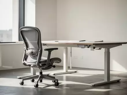 Ein leerer, ergonomischer Arbeitsplatz mit einem höhenverstellbaren Schreibtisch und einem Bürostuhl in einem hellen Raum. - Foto: über boerse-global.de