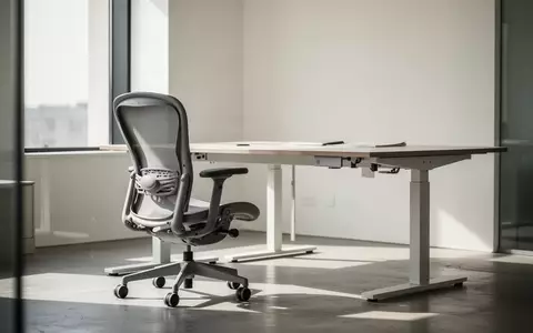 Ein leerer, ergonomischer Arbeitsplatz mit einem höhenverstellbaren Schreibtisch und einem Bürostuhl in einem hellen Raum. - Foto: über boerse-global.de