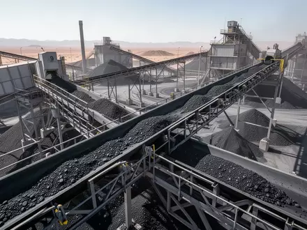 Moderne industrielle Graphit-Verarbeitungsanlage mit Förderbändern bei Tageslicht. - Foto: über boerse-global.de