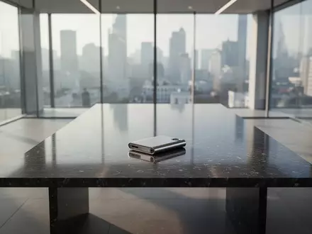 Ein minimalistisches, modernes Büro einer Zentralbank mit einem einzelnen Hardware-Wallet auf einem dunklen Steintisch. - Foto: über boerse-global.de
