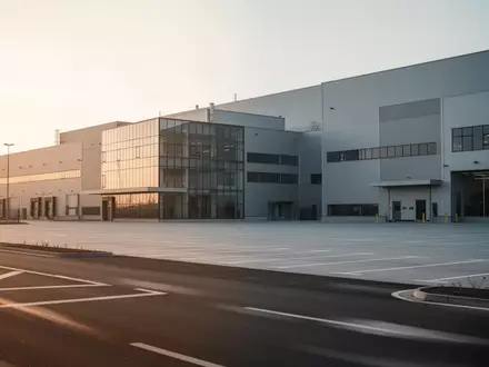 Modernes Industriegelände einer Produktionsstätte bei Sonnenuntergang mit weitläufiger asphaltierter Zufahrt. - Foto: über boerse-global.de