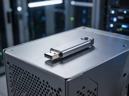 Ein USB-Stick liegt auf einem Computer-Gehäuse in einer modernen, professionellen IT-Umgebung. - Foto: über boerse-global.de