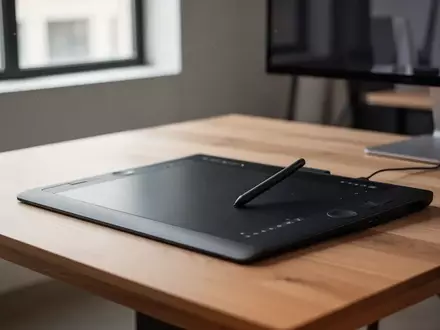 Ein professioneller Schreibtisch mit einem Grafiktablett und einem Eingabestift in einem hellen, modernen Studio. - Foto: über boerse-global.de