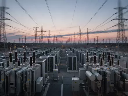 Ein großes Rechenzentrum mit Transformatoren und Stromleitungen bei Dämmerung. - Foto: über boerse-global.de