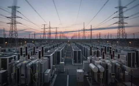 Ein großes Rechenzentrum mit Transformatoren und Stromleitungen bei Dämmerung. - Foto: über boerse-global.de