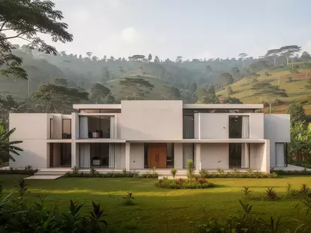 Modernes Verwaltungsgebäude in einer grünen Landschaft in Ruanda, symbolisch für politische Verhandlungen. - Foto: über boerse-global.de