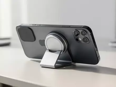 Ein minimalistischer MagSafe-Grip und Ständer an der Rückseite eines iPhones auf einer hellen Schreibtischoberfläche. - Foto: über boerse-global.de