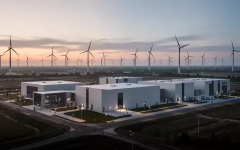 Modernes Rechenzentrum in einer weitläufigen Industrielandschaft mit Windkraftanlagen im Hintergrund bei Dämmerung. - Foto: über boerse-global.de