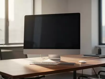 Ein minimalistischer Arbeitsplatz mit einem ausgeschalteten Computerbildschirm in einem modernen Büro. - Foto: über boerse-global.de