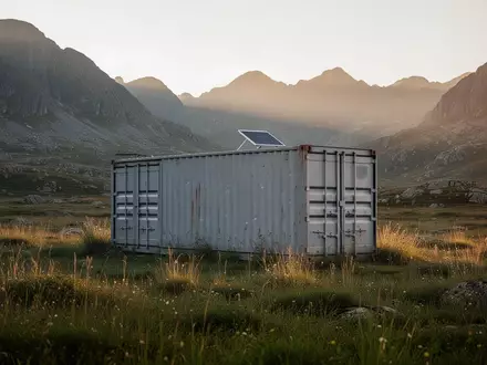 Ein minimalistischer Wohncontainer in einer weiten, bergigen Landschaft bei Sonnenuntergang. - Foto: über boerse-global.de