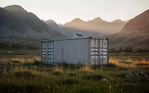 Ein minimalistischer Wohncontainer in einer weiten, bergigen Landschaft bei Sonnenuntergang. - Foto: über boerse-global.de