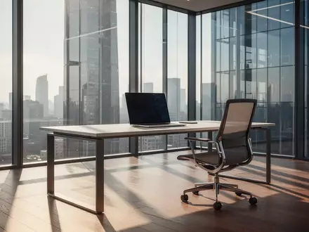Ein minimalistischer, moderner Büroarbeitsplatz mit einem Laptop in einem lichtdurchfluteten, hochwertigen Bürogebäude. - Foto: über boerse-global.de