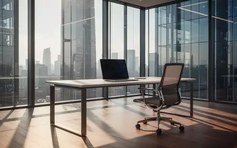 Ein minimalistischer, moderner Büroarbeitsplatz mit einem Laptop in einem lichtdurchfluteten, hochwertigen Bürogebäude. - Foto: über boerse-global.de