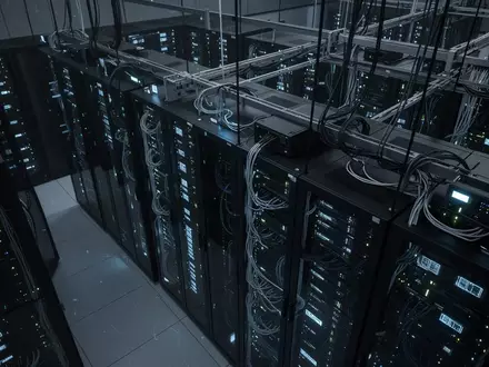 Moderne Serverinfrastruktur in einem abgedunkelten Rechenzentrum mit blau leuchtenden Status-LEDs an den Gehäusen. - Foto: über boerse-global.de