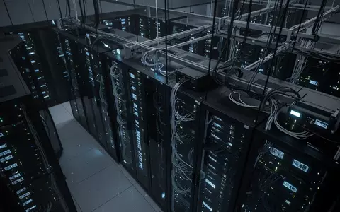 Moderne Serverinfrastruktur in einem abgedunkelten Rechenzentrum mit blau leuchtenden Status-LEDs an den Gehäusen. - Foto: über boerse-global.de