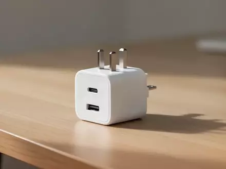 Kompaktes weißes USB-C-Ladegerät mit zwei Anschlüssen auf einer Holzoberfläche. - Foto: über boerse-global.de