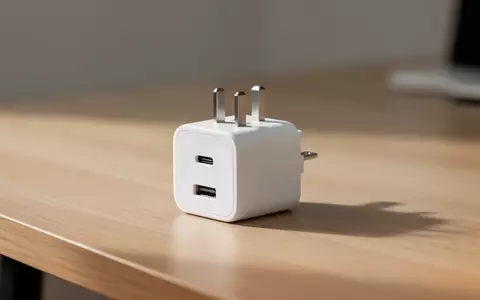Kompaktes weißes USB-C-Ladegerät mit zwei Anschlüssen auf einer Holzoberfläche. - Foto: über boerse-global.de