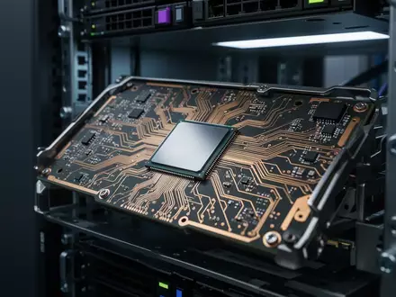Ein hochmoderner KI-Beschleunigerchip auf einer komplexen Leiterplatte in einem klimatisierten Serverraum. - Foto: über boerse-global.de