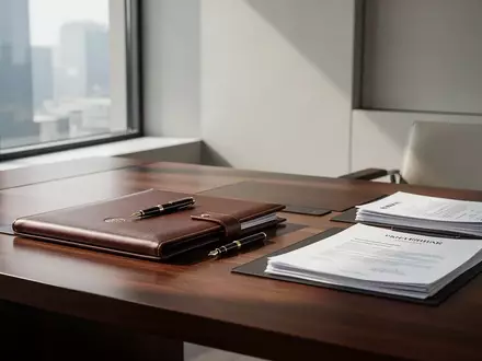 Ein minimalistischer Büroschreibtisch mit einer Rechtsakte, einem Füllfederhalter und Dokumenten in einem professionellen Umfeld. - Foto: über boerse-global.de