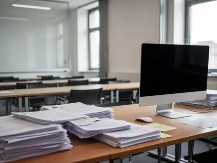 Ein minimalistisches, modernes Büro einer deutschen Behörde mit leeren Schreibtischen und Aktenstapeln bei Tageslicht. - Foto: über boerse-global.de