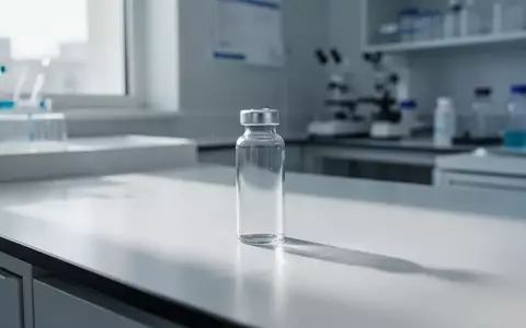 Ein leeres medizinisches Fläschchen auf einem sterilen Labortisch bei natürlichem Tageslicht. - Foto: über boerse-global.de