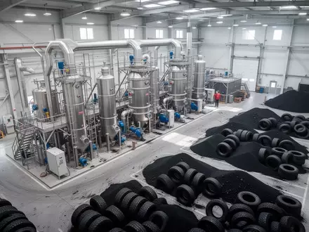 Moderne Industrieanlage für Reifen-Recycling mit Pyrolyse-Reaktoren in einer sauberen Fabrikhalle. - Foto: über boerse-global.de