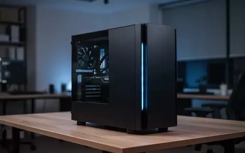 Ein moderner, schwarzer PC-Tower auf einem Schreibtisch in einem professionellen Büro, dezent beleuchtet. - Foto: über boerse-global.de