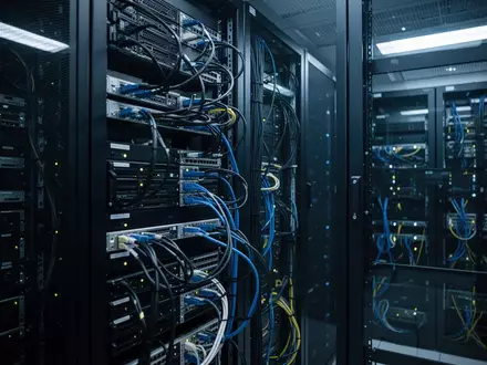 Moderne Server-Infrastruktur in einem klimatisierten Rechenzentrum mit blauer Beleuchtung. - Foto: über boerse-global.de