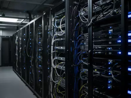 Ein dunkler Serverraum mit modernen IT-Infrastruktur-Racks und blau leuchtenden Statusanzeigen. - Foto: über boerse-global.de