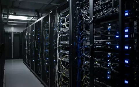 Ein dunkler Serverraum mit modernen IT-Infrastruktur-Racks und blau leuchtenden Statusanzeigen. - Foto: über boerse-global.de