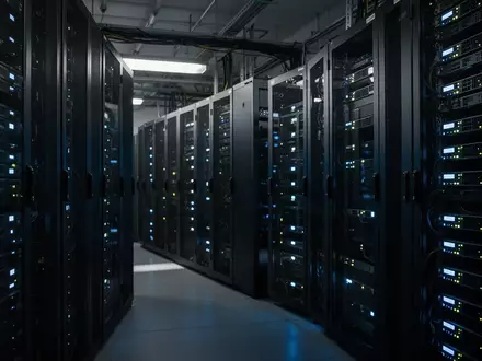 Server-Racks in einem Berliner Rechenzentrum mit blinkenden Statusleuchten in einer dunklen, industriellen Umgebung. - Foto: über boerse-global.de