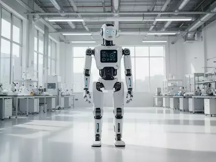 Ein humanoider Roboter steht in einem modernen, hellen Labor vor einem Fenster. - Foto: über boerse-global.de