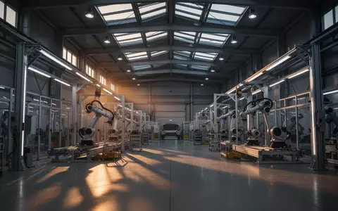 Leere und moderne Montagehalle eines Automobilwerks mit industriellen Anlagen in gedimmtem Licht. - Foto: über boerse-global.de