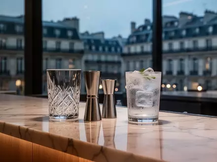 Minimalistisches Bar-Ambiente mit edlen Cocktail-Utensilien und einem Glas auf einer Marmortheke bei Dämmerung. - Foto: über boerse-global.de