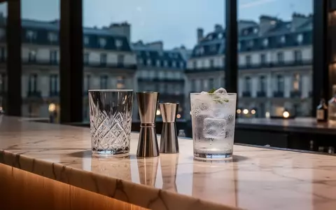 Minimalistisches Bar-Ambiente mit edlen Cocktail-Utensilien und einem Glas auf einer Marmortheke bei Dämmerung. - Foto: über boerse-global.de