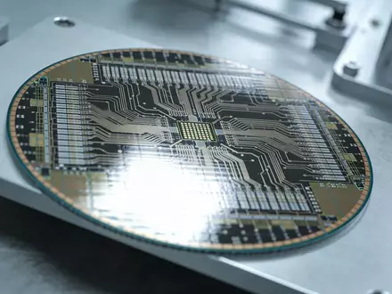 Ein Silizium-Wafer mit komplexen Schaltkreisen auf einem Labortisch in einer Halbleiter-Produktionsstätte. - Foto: über boerse-global.de