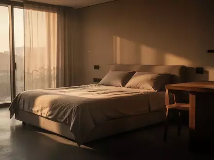 Ein minimalistisches, leeres Schlafzimmer in sanftem Sonnenlicht, das eine nachdenkliche und ruhige Atmosphäre ausstrahlt. - Foto: über boerse-global.de