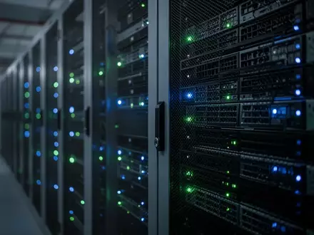 Reihen von Server-Racks in einem Rechenzentrum mit leuchtenden Statusanzeigen. - Foto: über boerse-global.de