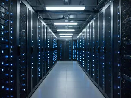 Reihen von Server-Racks in einem modernen Rechenzentrum mit blauen Indikatorleuchten in einer industriellen Umgebung. - Foto: über boerse-global.de