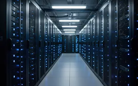Reihen von Server-Racks in einem modernen Rechenzentrum mit blauen Indikatorleuchten in einer industriellen Umgebung. - Foto: über boerse-global.de