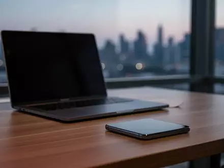 Ein dunkler Laptop und ein umgedrehtes Smartphone auf einem Schreibtisch vor einem unscharfen nächtlichen Stadtpanorama. - Foto: über boerse-global.de